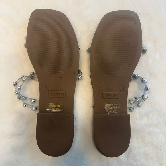 Steve Madden Women’s Skyler-P Pearl Studded Flat Sandals Size 9 Coastal Resort - Picture 2 of 3